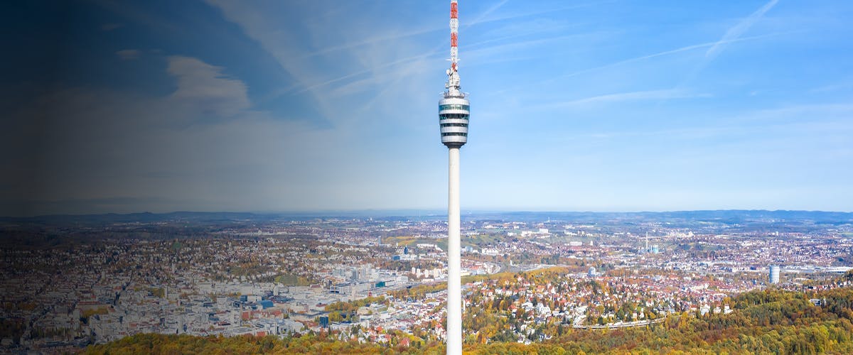 Stuttgart TV Tower overlooking city skyline and landscape.